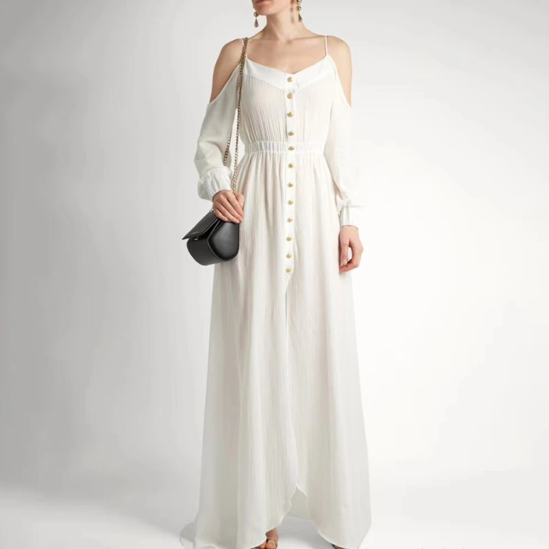 

VGH Summer Dress For Women Square Collar Off Shouder Long Sleeve Sling High Waist Split Maxi Casual Dresses Female 2020 New Tide