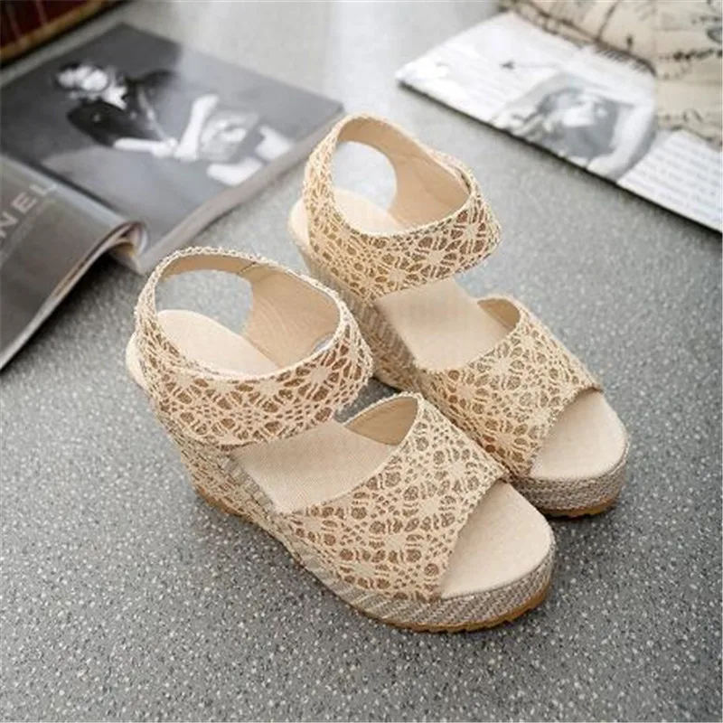 

Women Sandals 2018 New Summer Fashion Lace Hollow Gladiator Wedges Shoes Woman Slides Peep Toe Hook & Loop Solid Lady Casual