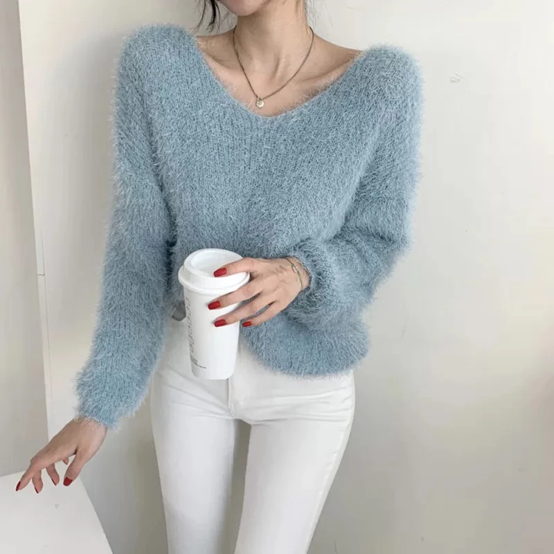 Korean Fashion White Sweet Chic Fuzzy Women's Sweater Pullovers Autunm Winter 2021 Long Sleeve Loose Knitted Jumper Tops Female
