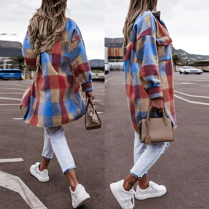 

SpringAutumn Women Elegant Plaid Print Colorful Outwear Loose Woolen cloth Coat Cardigan Casual Turn-down Collar Long Sleeve Top
