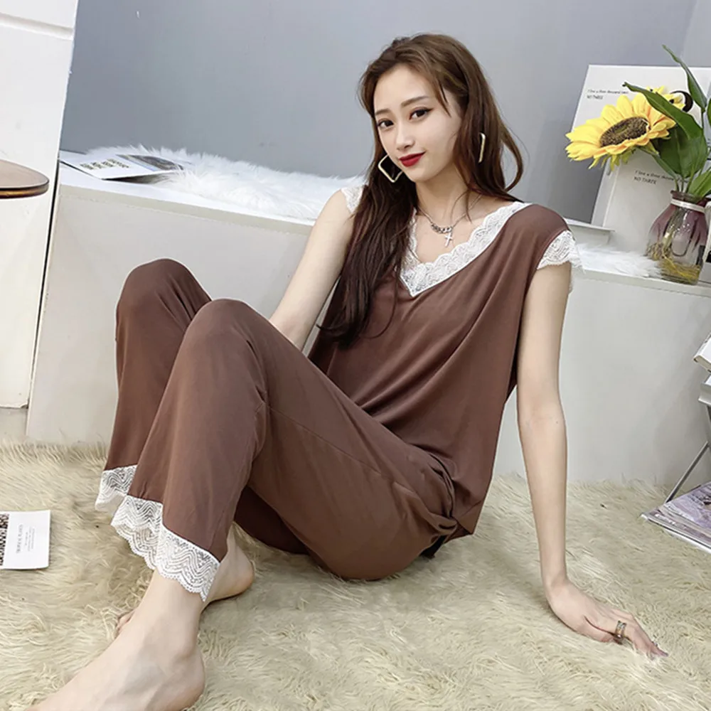 

Fdfklak 2 Piece Set Modal Homewear For Women 2XL 3XL Large Size Pajamas 2021 Summer New Sleeveless Lace Pyjama Lingeries