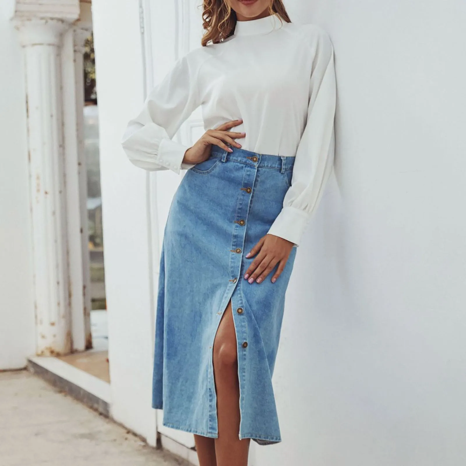 Женская модная Асимметричная Повседневная пикантная однобортная джинсовая юбка