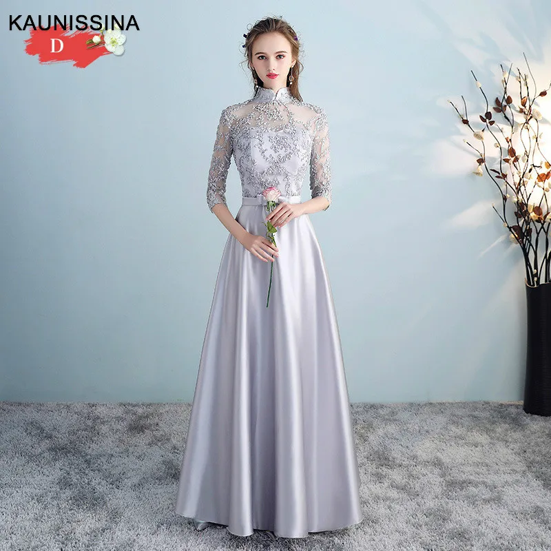 Длинное вечернее платье Атласные вечерние платья с рукавом 3/4 Элегантные