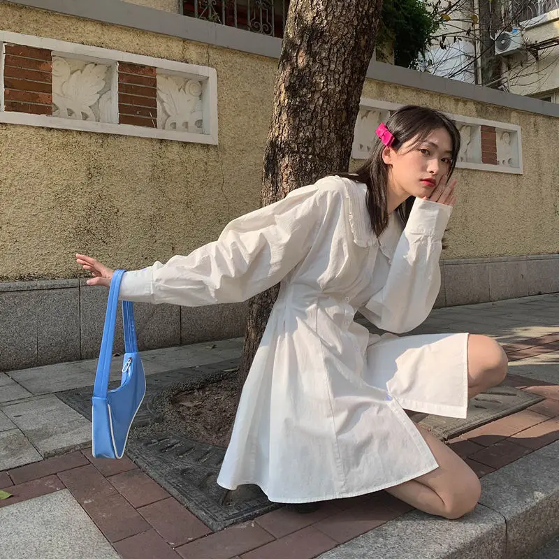 

Mini Dress Women 2021 Spring Autumn Korean Preppy Style Single Breasted Button Up Ruffles Lapel Slim Waist Short Dresses White
