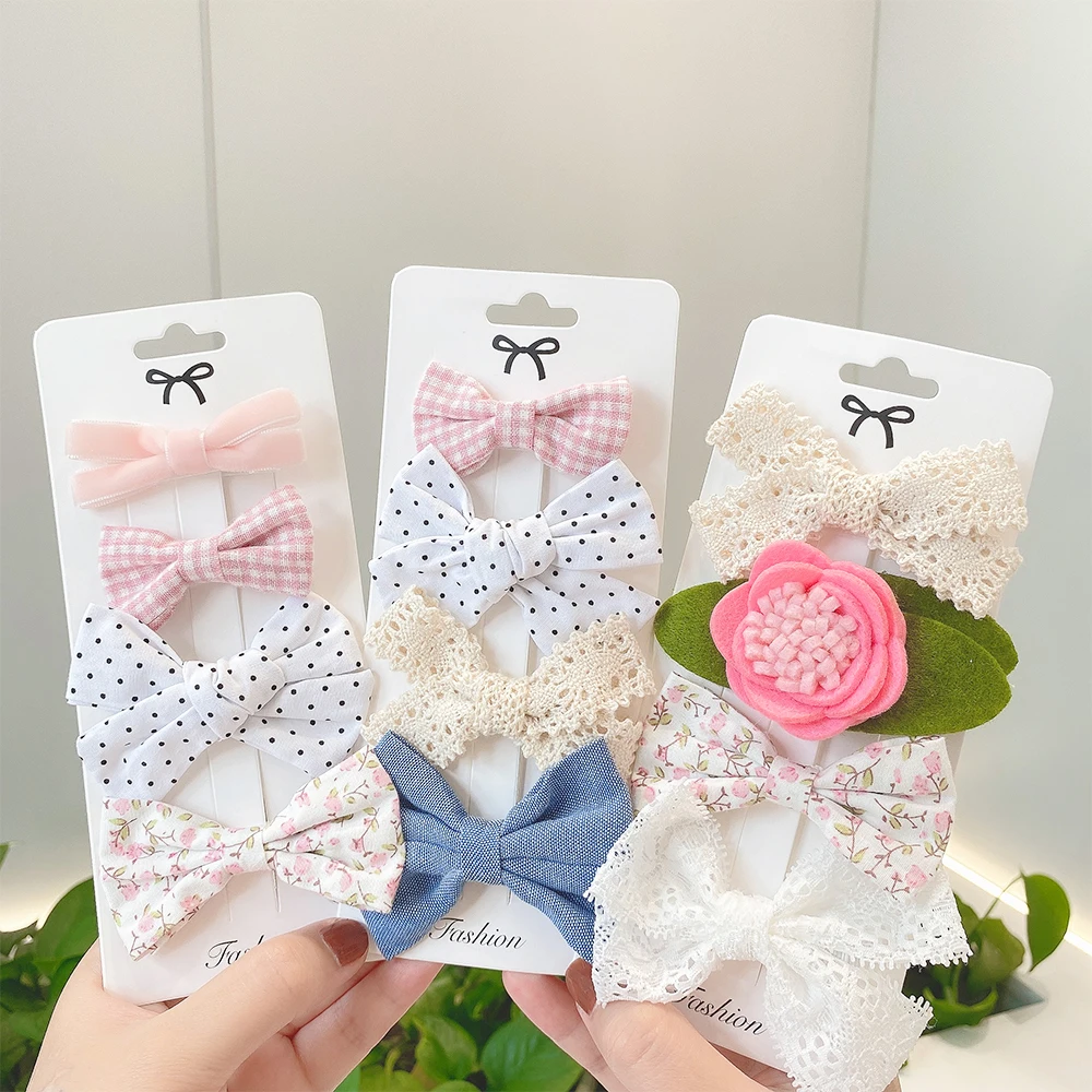 

4Pcs Cute Patchwork Hollowout Lace Flower Hairpins Fashion Sweet Girl Princess Fabric Printed Bow Hair Clips Hair Accessories