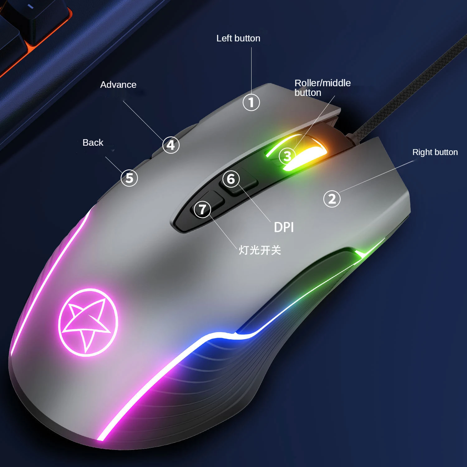 

Игровая мышь, Проводная RGB шатер, 7 клавиш с макропрограммированием, Механическая игровая мышь с подсветкой, предназначенная для игр