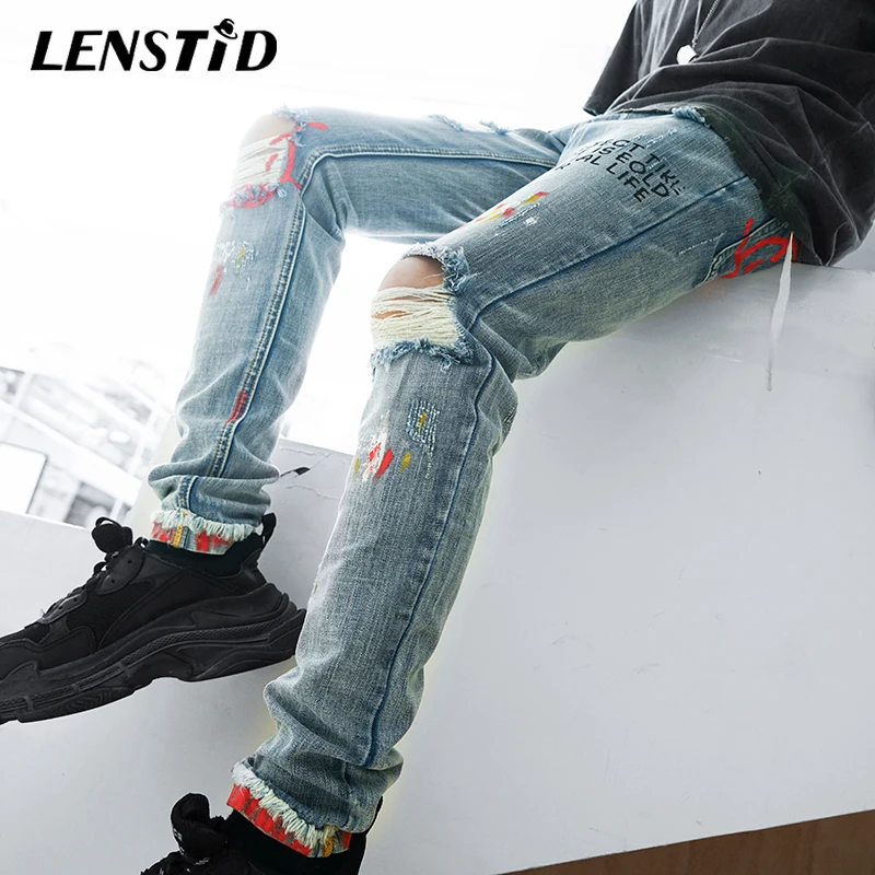 Джинсы LENSTID мужские рваные с надписью уличная одежда в стиле хип хоп джинсы из