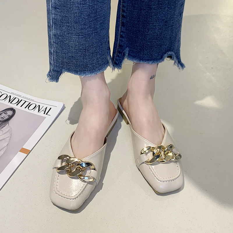 

Shoes Women Cover Toe Female Slippers Low Slides Shallow Fashion Soft 2021 Luxury Rubber PU Hoof Heels Cover Toe Shoes Ladies'