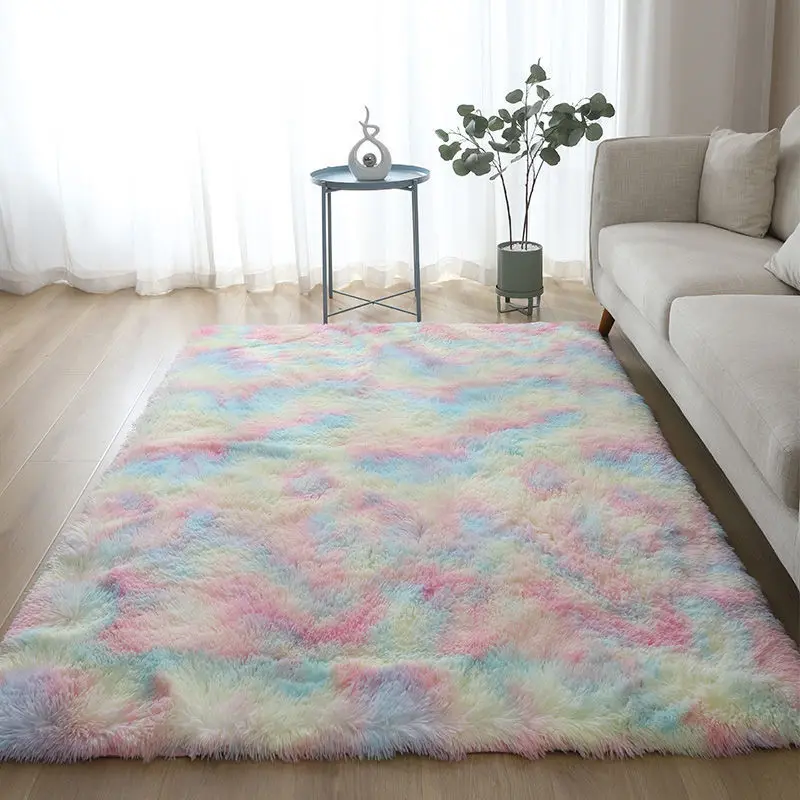 

Fluffy Rainbow Rug Soft Tie Dyeing Shaggy Area Rug Living Room Study Mat Bedroom Bedside Thick Plush Carpet Floor Mat Home Decor