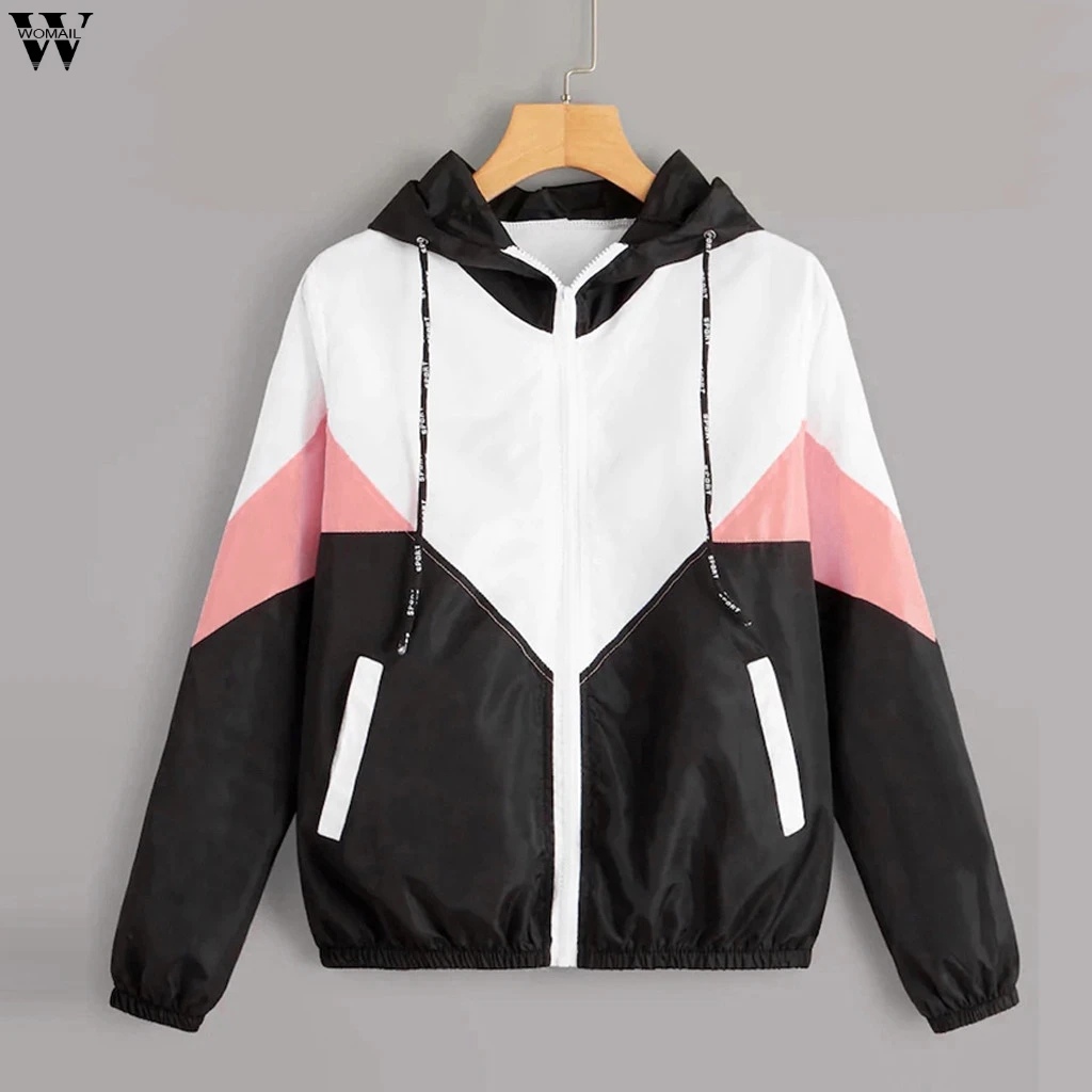 Женская Повседневная Спортивная ветровка с капюшоном разноцветная длинными