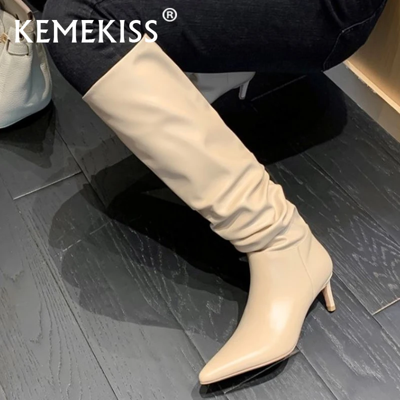 

KemeKiss Size 33-40 Real Leather Women Shoes Knee High Boots Thin High Heels Slip On Fashion Winter Autumn Female Footwear