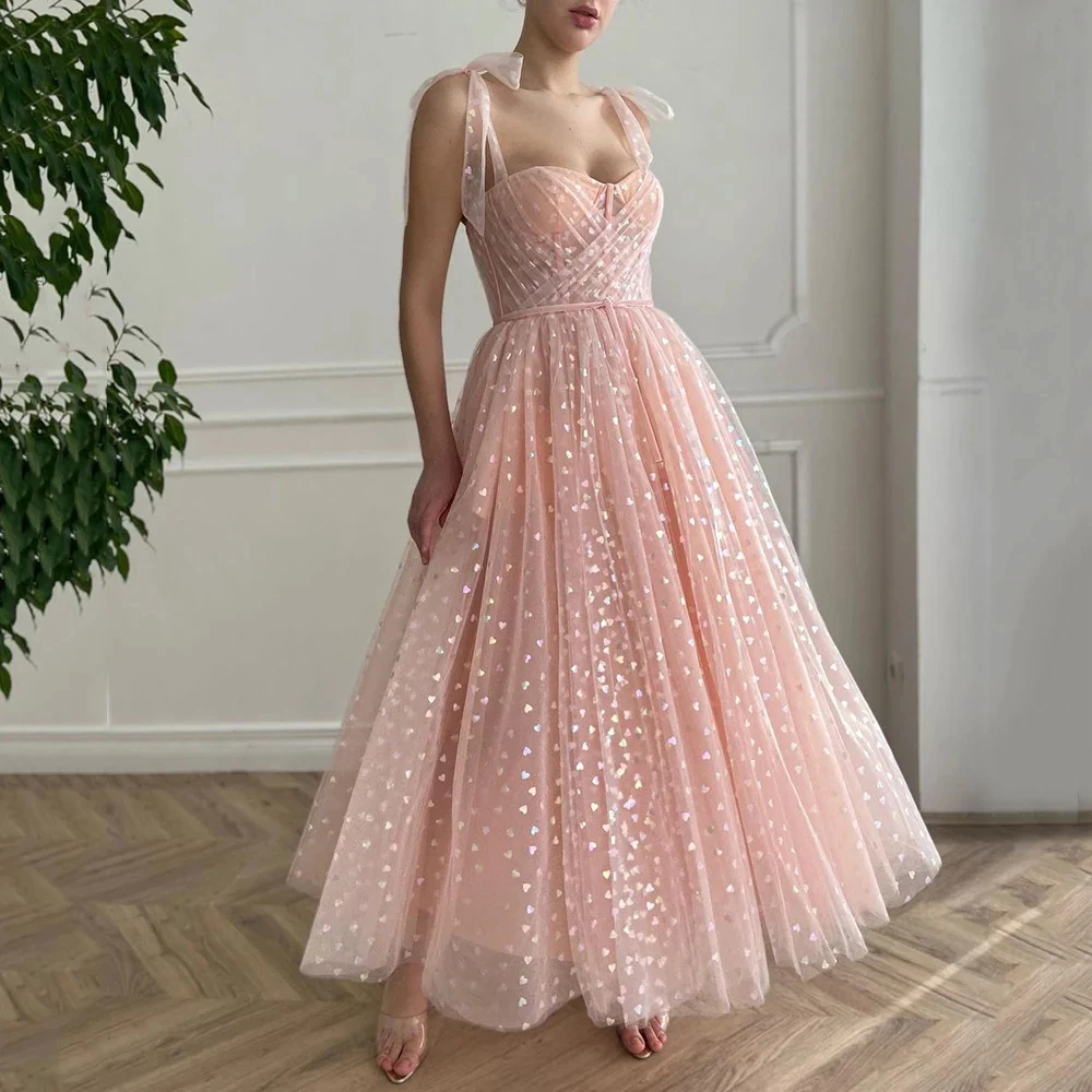 

Pink Evening Dresses 2021 Spaghetti Straps Midi Prom Dresses with Pockets Tea-Length Wedding Party Dresses AE0969