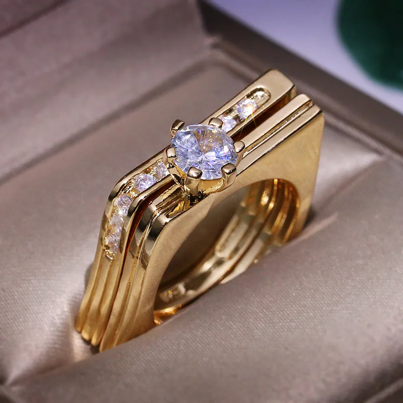 

Hot Sale Light Gold White Cut Zircon Wedding Rings 2 Pcs/Set Female Crystal Geometric Finger Rings Jewelry Z3T244