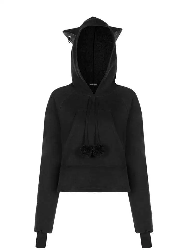 Панк рейв женские готические кошачьи уши помпоны с пышными рукавами толстовки