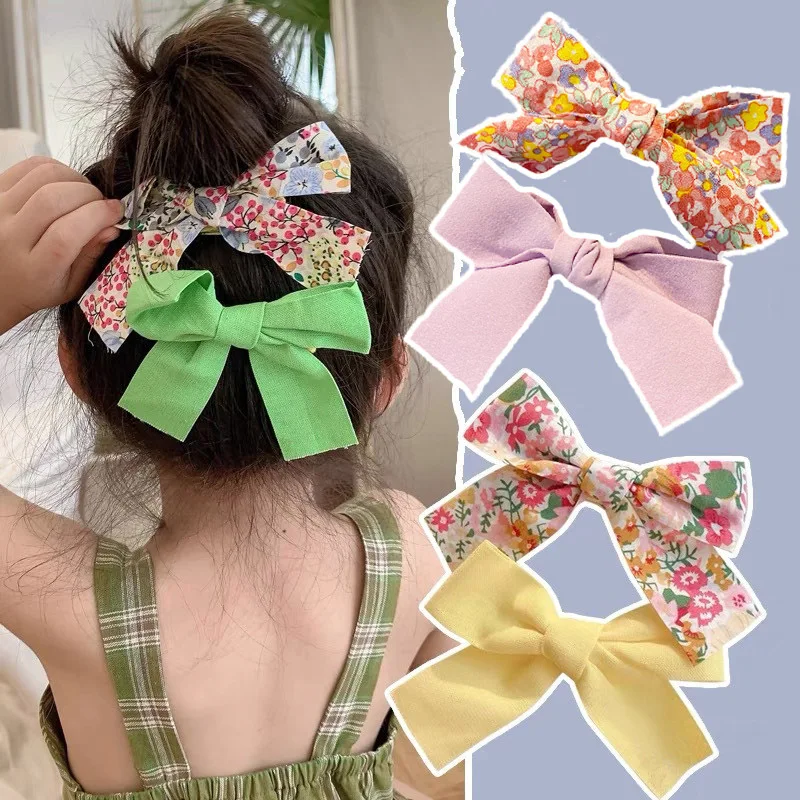 

2Pcs/set Korean Children Floral Plaid Bow Hairpin Barrettes Kids Headdress Printed Side Bangs Hair Clip Fashion Hair Accessories