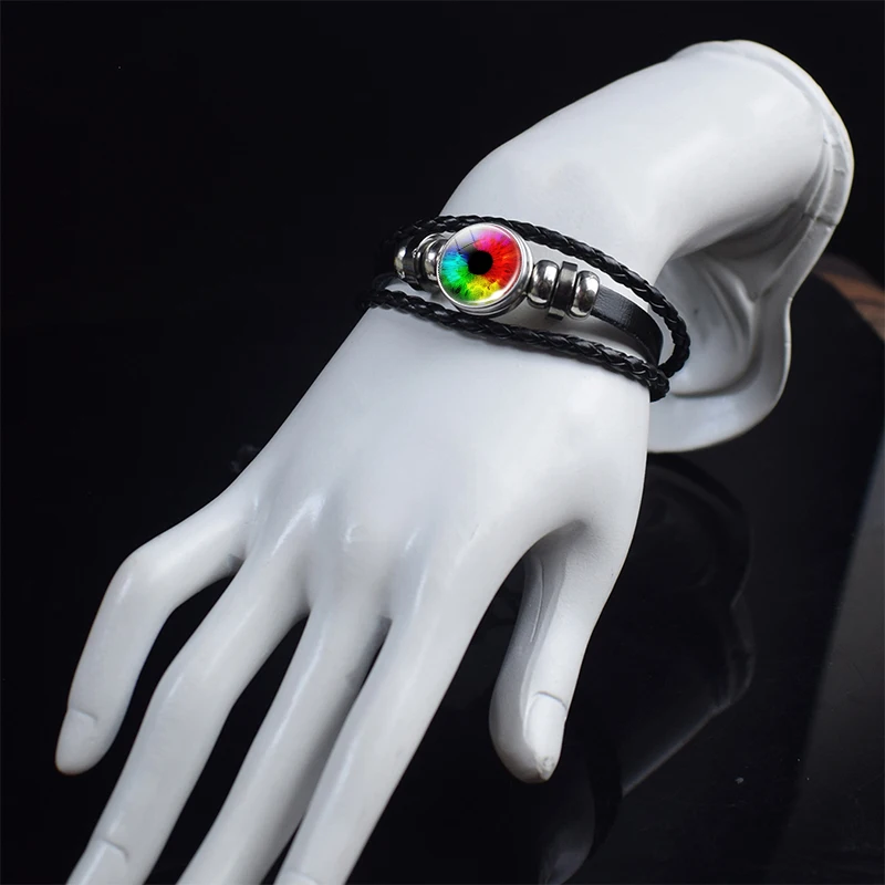 Браслет с радужными глазами ручной работы черные и коричневые кожаные плетеные