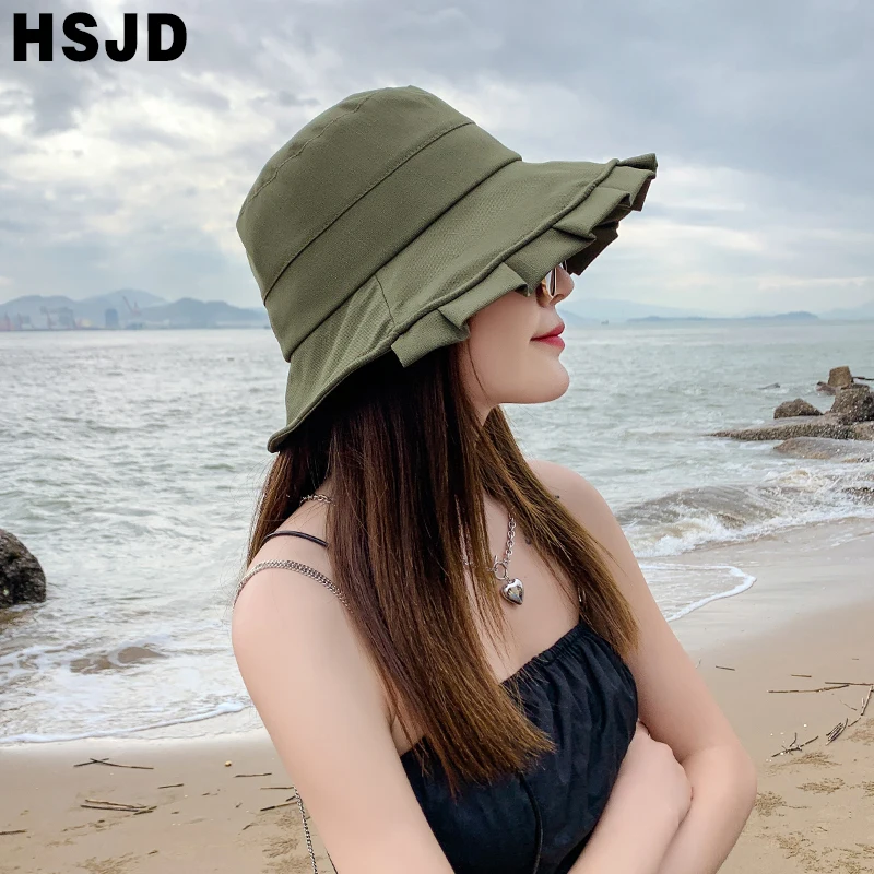 

Summer Women Holidays Bucket Hats Lovely Solid Color Princess Ruffle Brim Girls Sun Hat Wide Brim Foldable Anti-UV Beach Caps