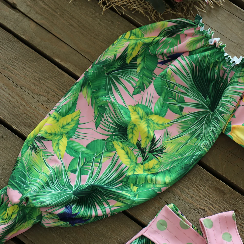 

2021 New Sexy High Waist Bikini Set Belt Bottom Swimwear Women Long Sleeve Bather Suit Beachwear Printed Biquini female