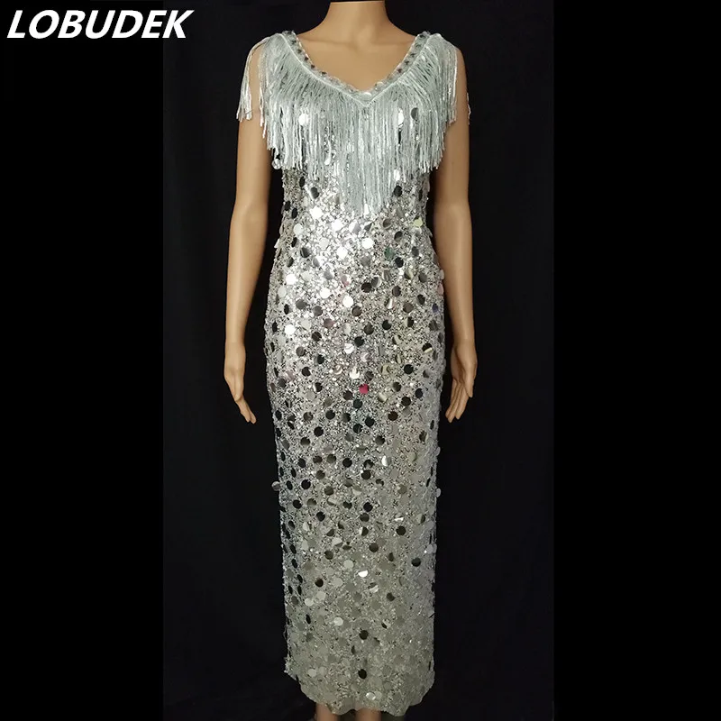 

Sexy Silver Rhinestones Fringes V-neck Sleeveless Slit Dress Women's Birthday Party Evening Performance Singer Stage Long Dress