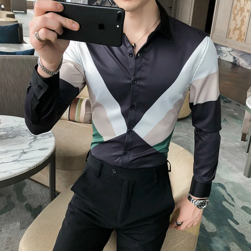 

2020 Autumn Shirts for Men Camisa Masculina British Style Simple Color Matching Slim Long-sleeved Shirt Streetwear Social Blouse