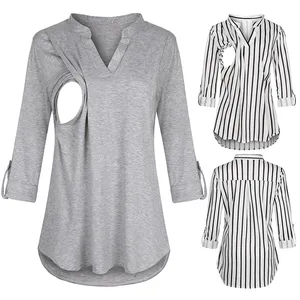 New fashion maternity clothes Blouses Shirts Long Sleeve Striped Nursing Tops Blouse For Breastfeedi in India