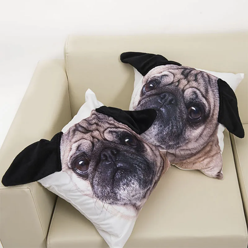 

Special-shaped Ear Cute Pug Dog Big Face Pillow case Pattern Print Custom Home Decor Throw Pillow Case Decorative Cushion Cover