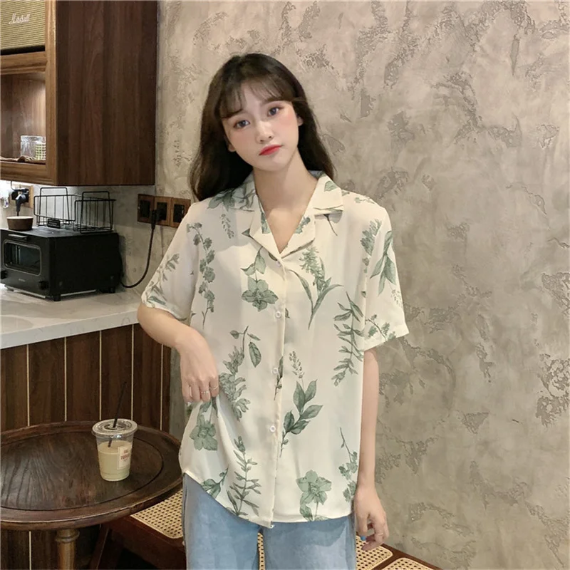 

Women Blouses Vintage Floral Short Sleeve Notched Elegant Button See Through Beach Streetwear Chic Female Shirt Tops