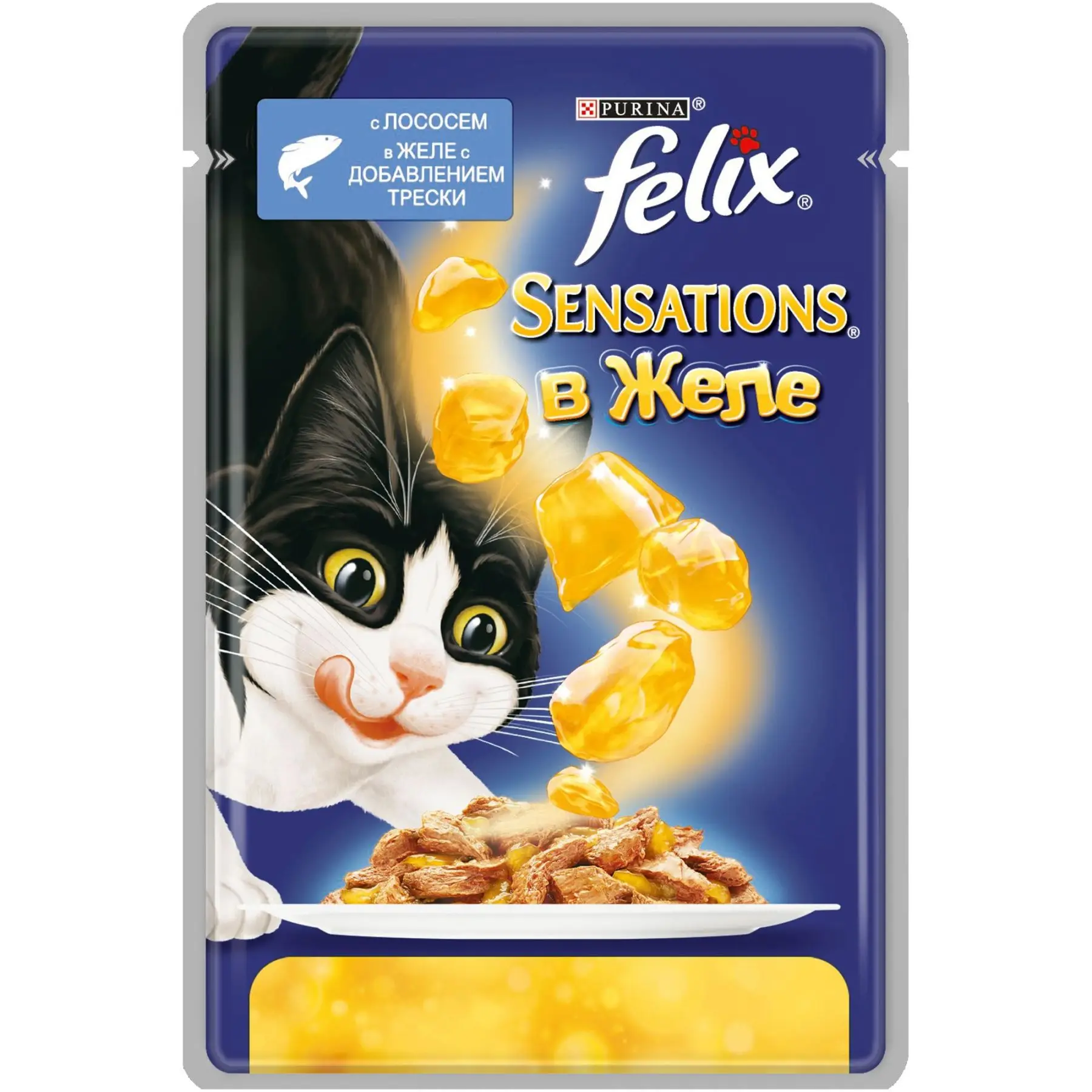 Влажный корм Felix Sensations для кошек с лососем в желе со вкусом трески 85 г|Кошачий