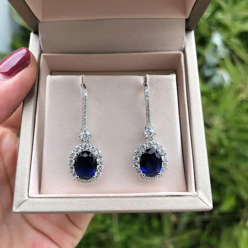 Blue Sapphire Wong Rain Романтический Милый стерлингового серебра 925 пробы Овальный искусственный Муассанит висячие серьги с бриллиантами ювелирных изделий - Gem Color: Blue Sapphire