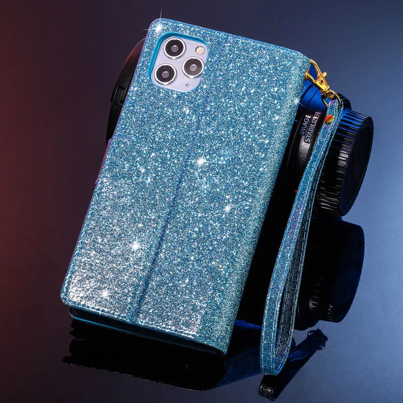 

Multi-card Glitter Hollow Flowers Zipper Leather Wallet Case With Lanyard For iPhone 11 Pro SE2020 X XS XR XS Max 8 7 6 6S Plus