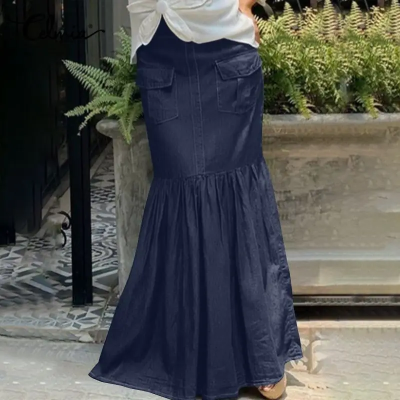 

Autumn 2021 Fashion Long Skirts Celmia Women Stitching Hem Denim High Waist Mermaid Faldas Casual Elegant Maxi Fishtail Jupes