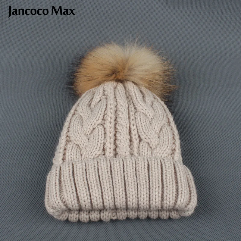 Jancoco Max детская шапка с помпоном из натурального меха енота зимние теплые детские