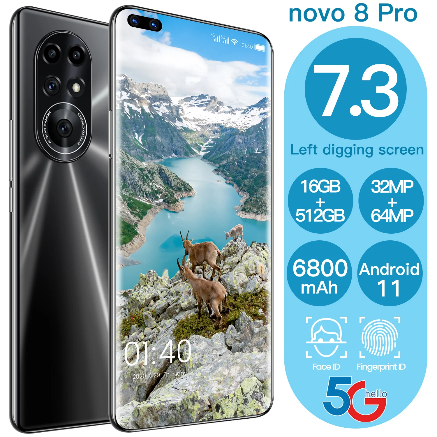 

Novo 8 Pro 7.3 Inch Smartphone Full Screen Octa Core 6800mAh 16GB 512GB 4G LTE 5G Network Mobile Phone Global Version