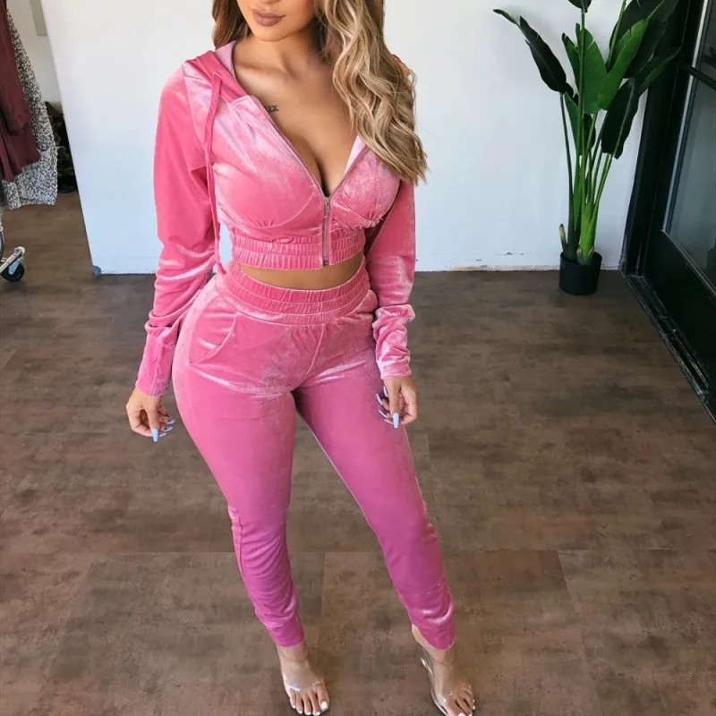 

Women Autumn Outfits Solid-Color Two Pieces Sports Suits Long-Sleeves Zipper Hoodies Crop Top High-Waist Pants for Lady 5 Colors