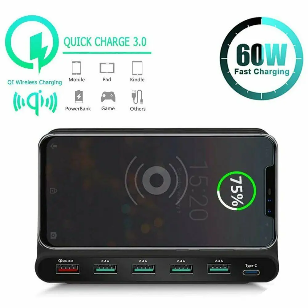 Беспроводное зарядное устройство QC3.0 с 6 USB портами настольная станция PD сетевое 60