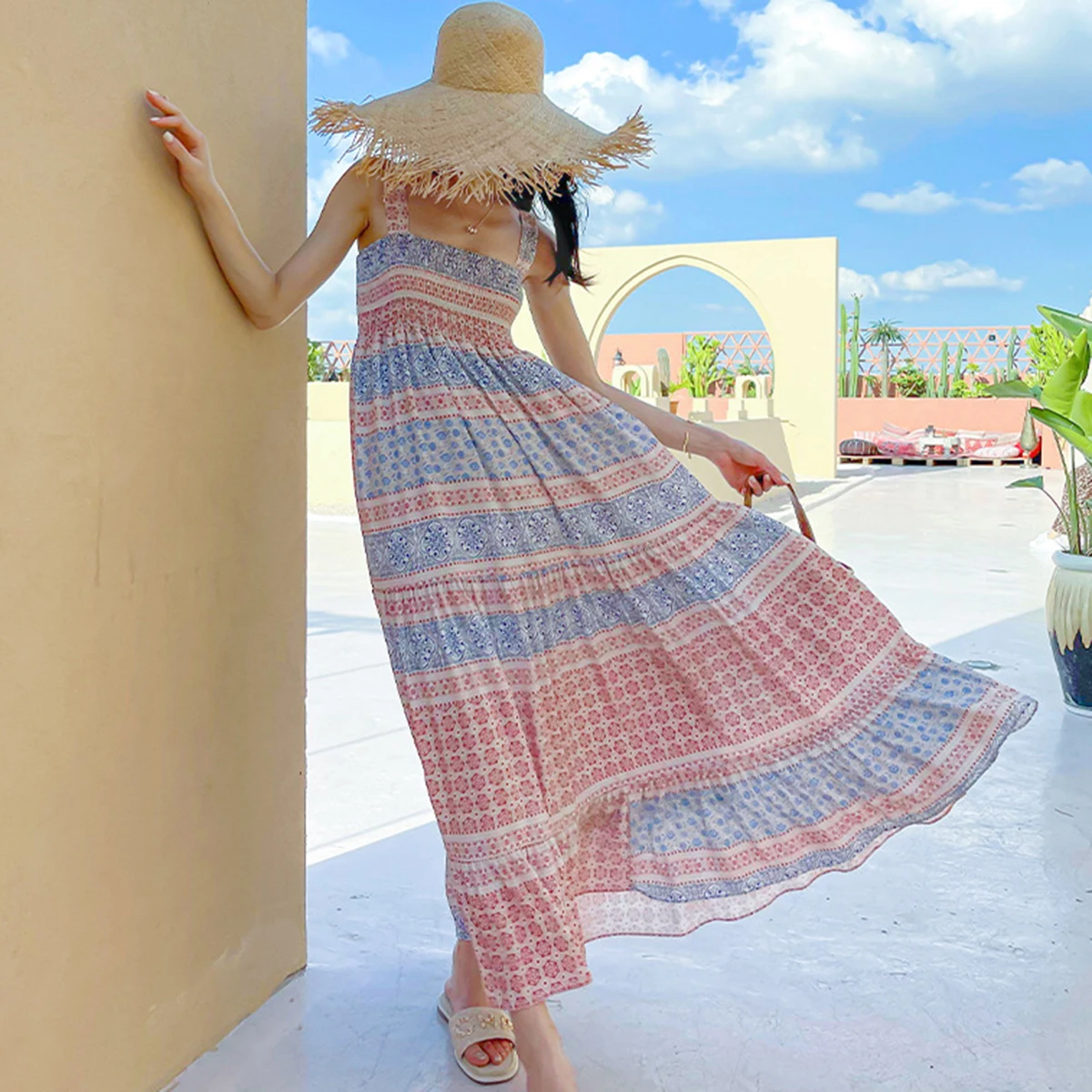 

Floral Print Bohemian Maxi Dresses Sleeveless Summer Hippie Chic Seaside Holiday Long Beach Dress Women Vestidos 2021