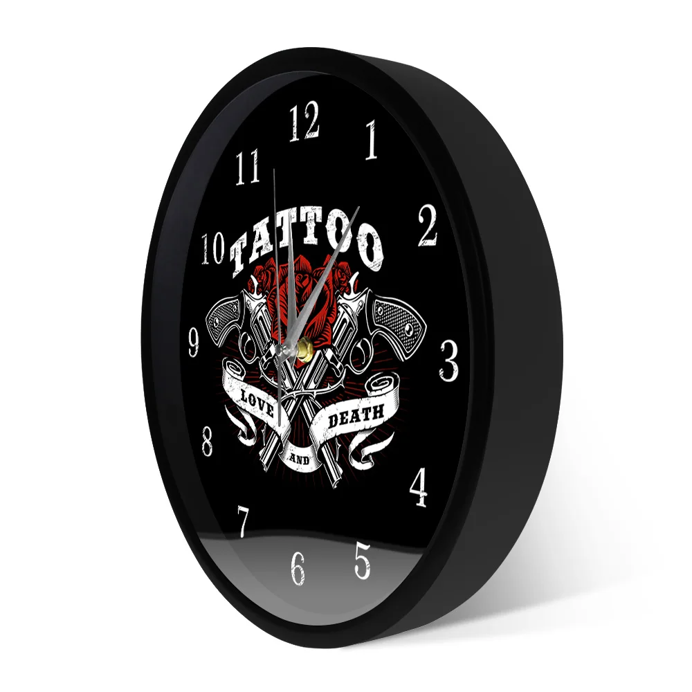 Tattoo Logo Printed Wall Clock Love And Death Rose Guns Studio Gothic Decor Art The Tattooist Gift | Дом и сад