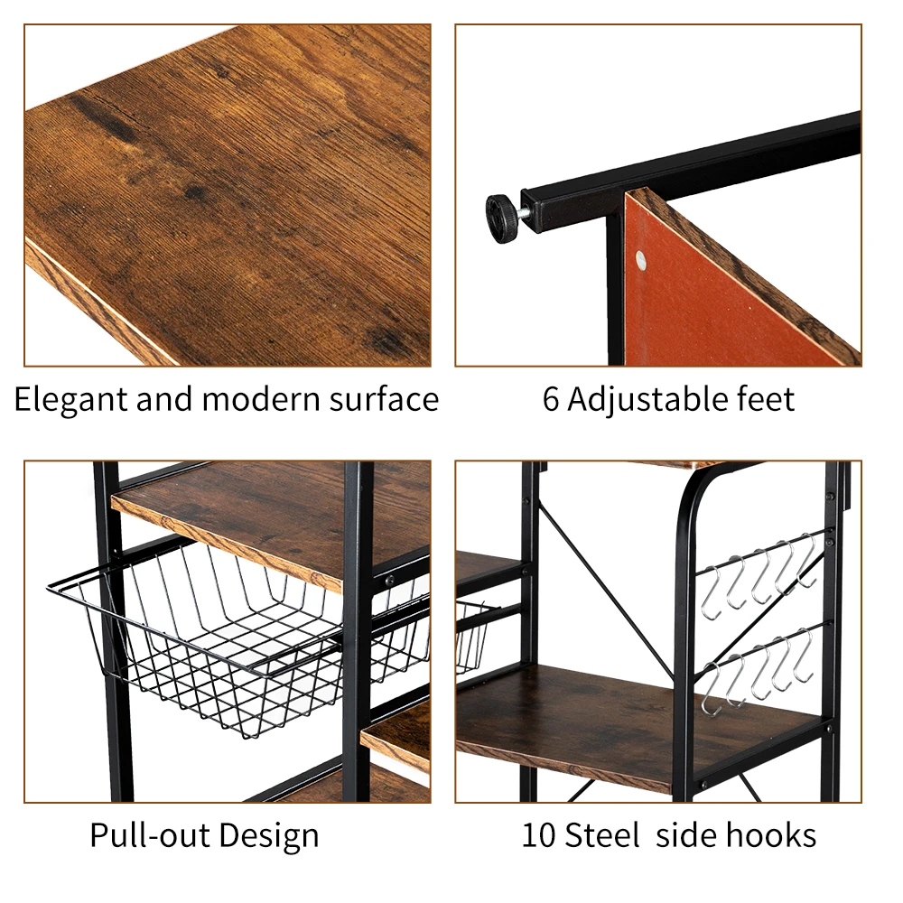 

Vintage Kitchen Storage Shelf 35.5" Microwave Stand 4-Tier 3-Tier Shelf for Spice Rack Organizer Workstation with 10 Hooks