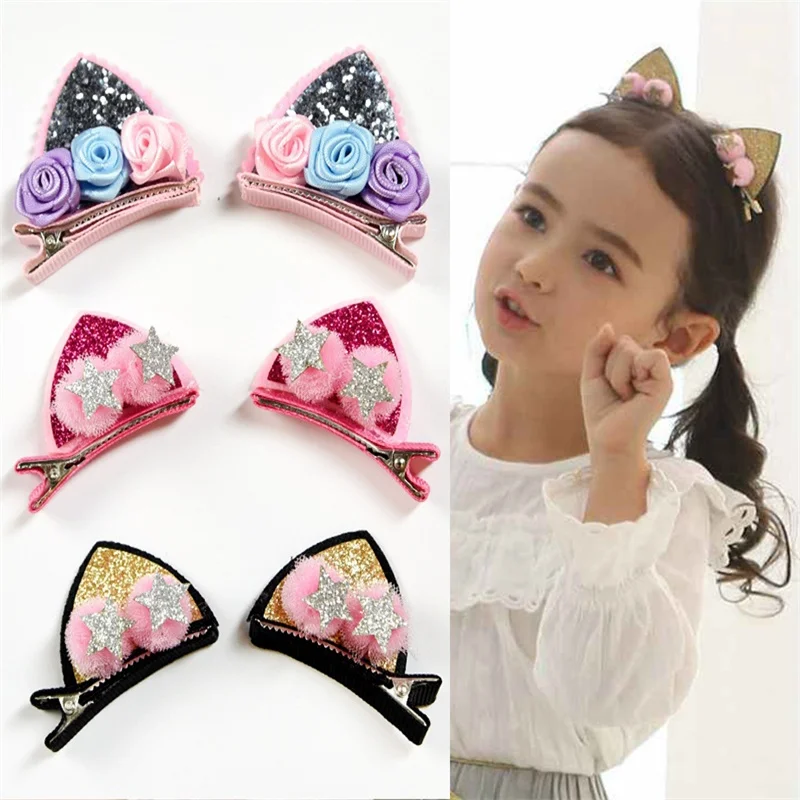 2 шт./компл. милые заколки для волос девочек с кошачьими ушками Банни блестящая