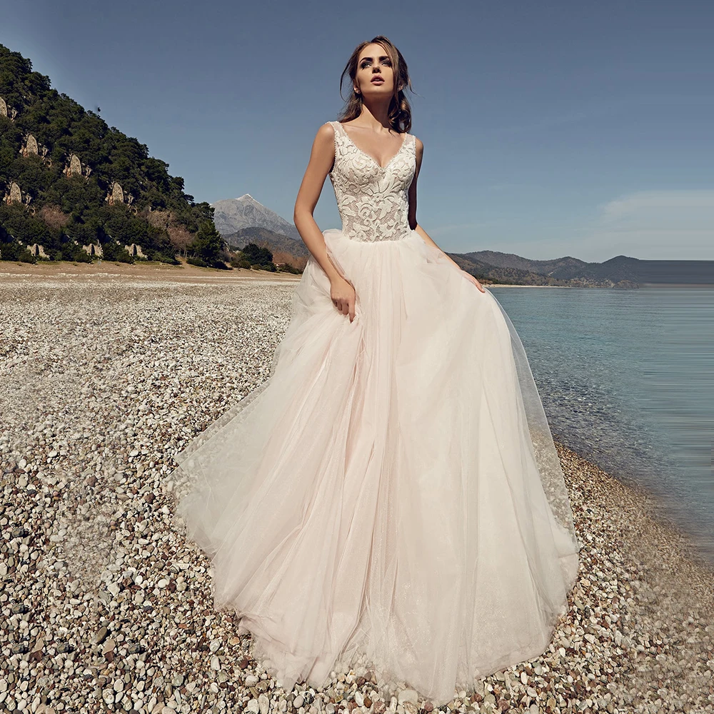 

Simple Beach Gothic Wedding Party Dress For Bride Champagne A Line Floor Length Thin Lace Tulle Cap Sleeve V Neck Bridal Gown