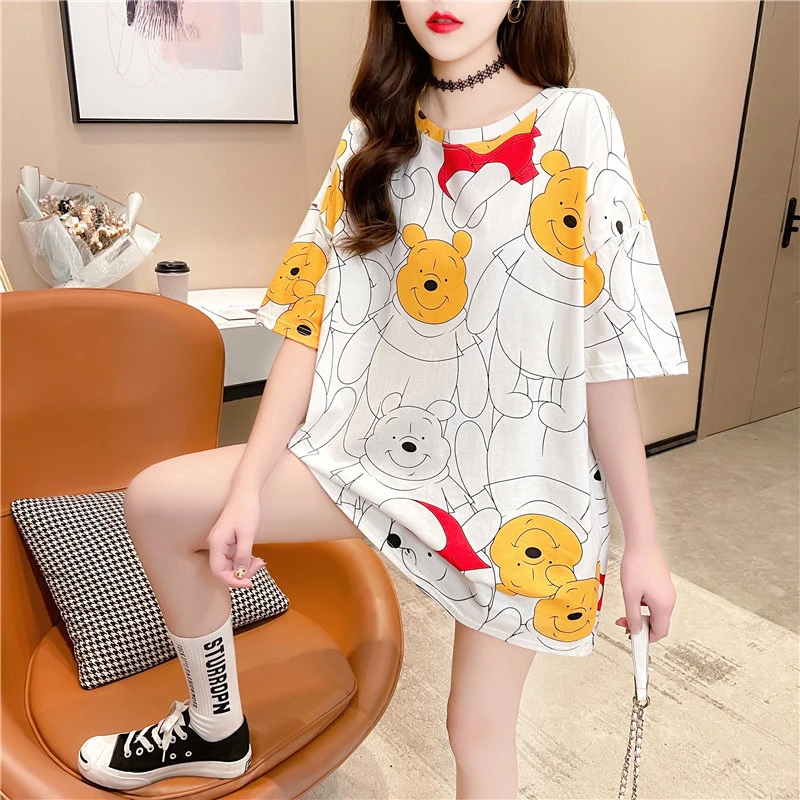 

Disney Cartoon T-Shirt Women Clothes Korean Fashion Kawaii Winnie The Pooh Mickey Print Women T-Shirt Cotton Tee Top Blouses New