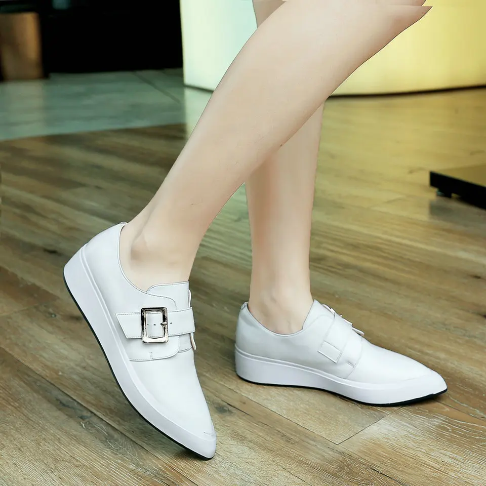 

EshtonShero Spring Wedge Low Heels Shoes Women Pumps Pointed Toe Buckle Cow Leather White Ladies Wedding Shoes Size 3-8