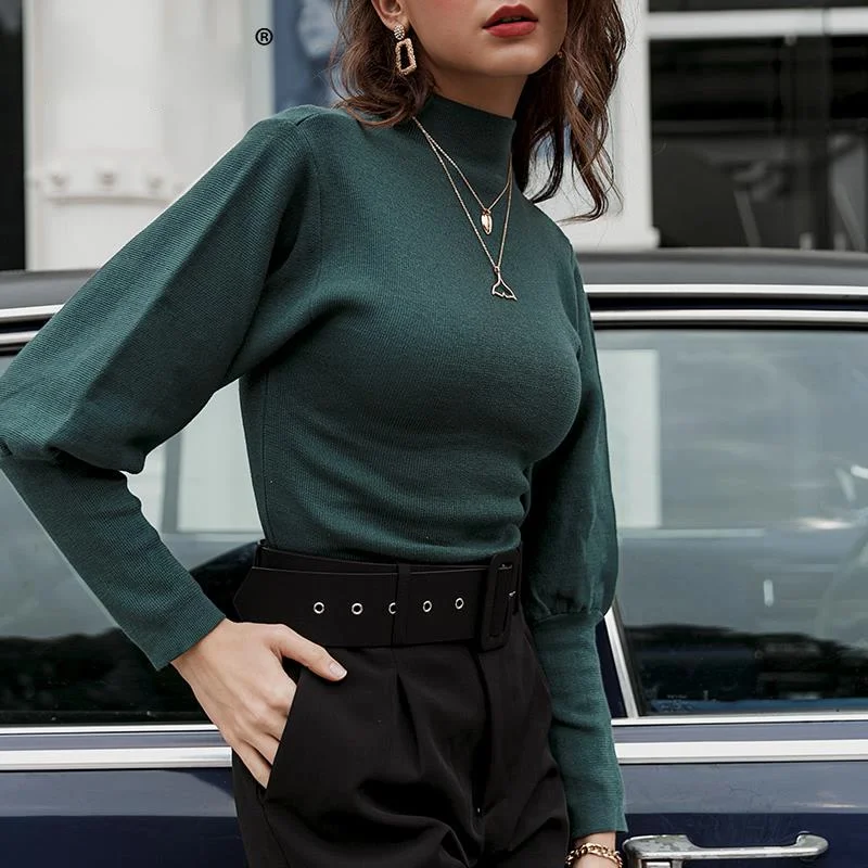 

High Waist Lantern Sleeve Women's Sweater Autumn Winter White Casual Pullover High Street Style Knitted Sweater 2020