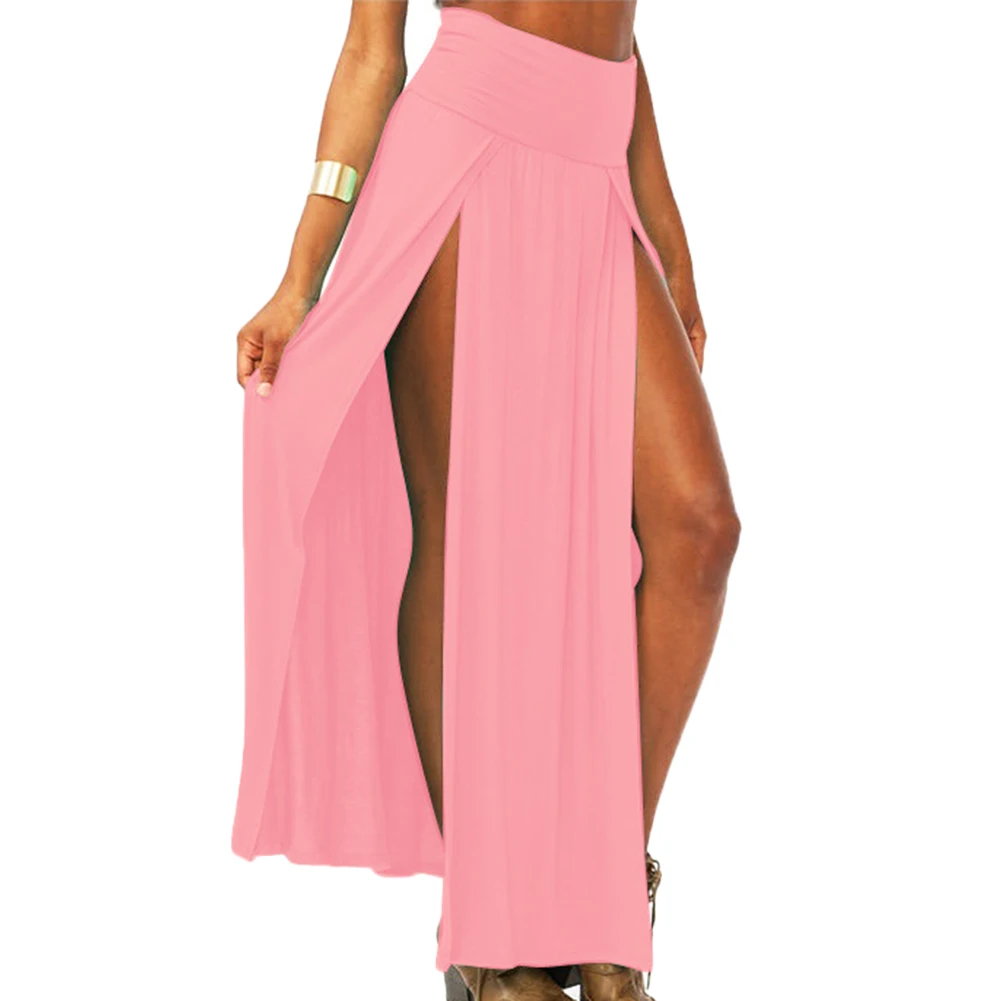 

Sexy Women Solid Color High Waist Double Side Slit Cocktail Full-length Skirt
