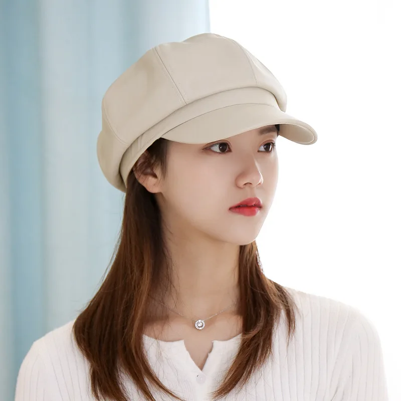 

Classic Retro Peaked Cap Pu Leather Octagonal Hat Female British Trendy Beret Korean Wild Leather Hat Bonnets