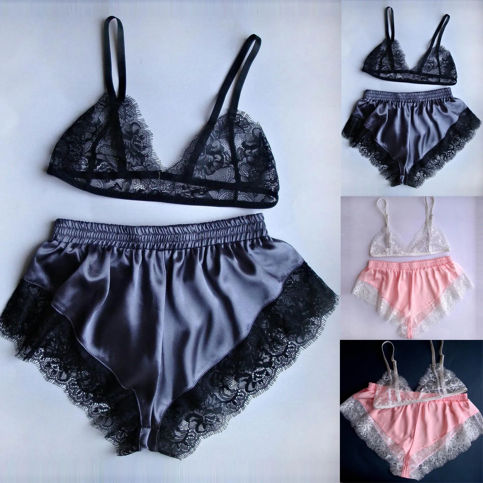 

Women Sexy Velvet Pajamas Sleepwear Camisole Bow Shorts V-Neck Tops New Lingerie Lace Underwear pijama mujer L*5