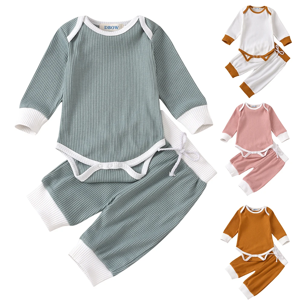 

2021 Newborn Romper New Fashion Solid Color 2Pcs Newborn Baby Boys Girl Jumpsuit Tops Long Pants Set Outfit Loungewear