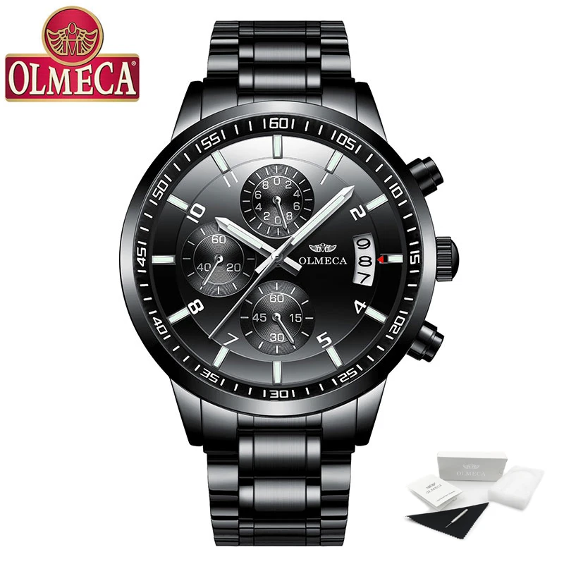 OLMECA модные часы Relogio Masculino с хронографом Наручные часы Стальные часы мужские водонепроницаемые военные черные