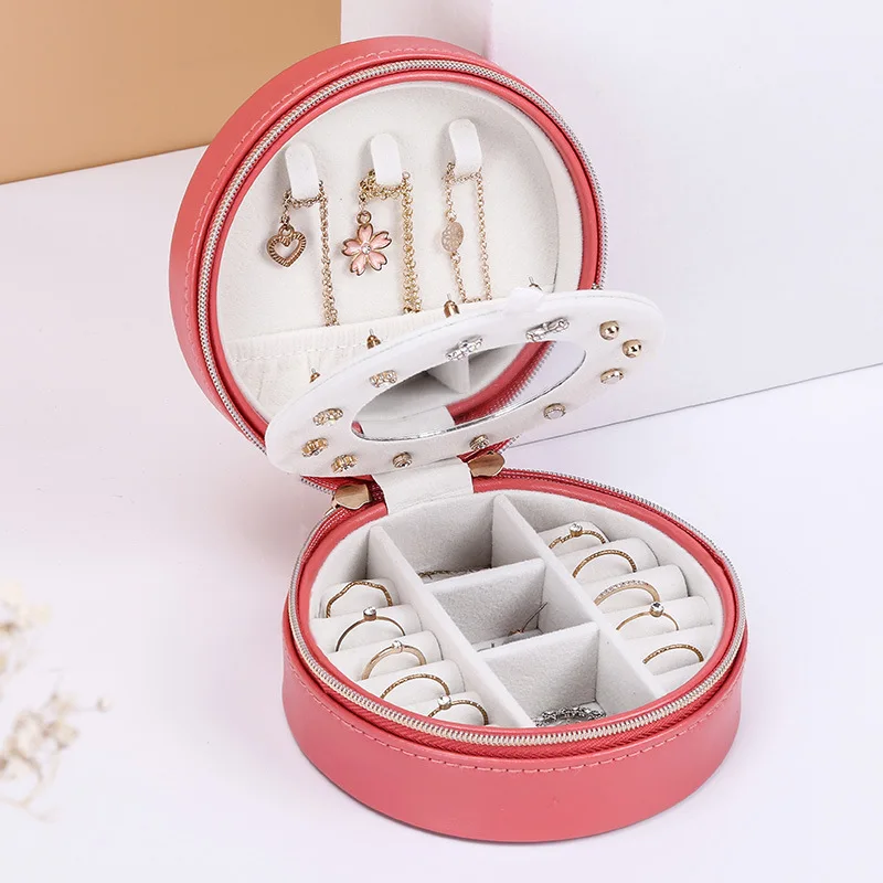 

VoltaBox 2021 New Round Portable Jewelry Box PU Skin Sweet Small Fresh Zipper Earrings Necklace Ring Storage Box