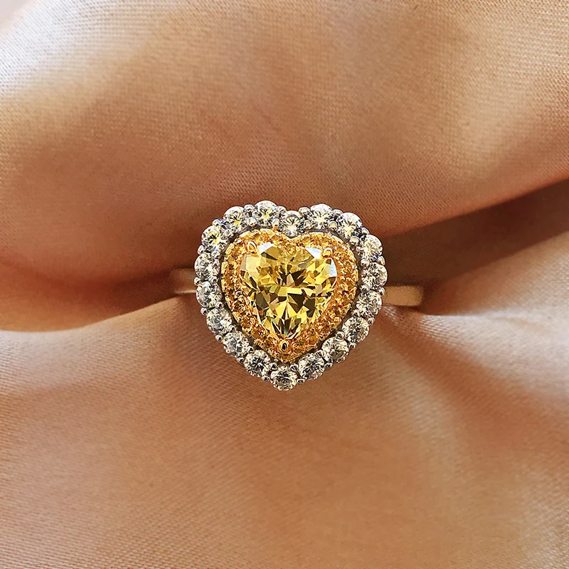 

Sparking Created Moissanite Citrine Diamond Wedding Heart Ring For Women Top Quality Real 925 Silver Anniversary Gift Jewelry